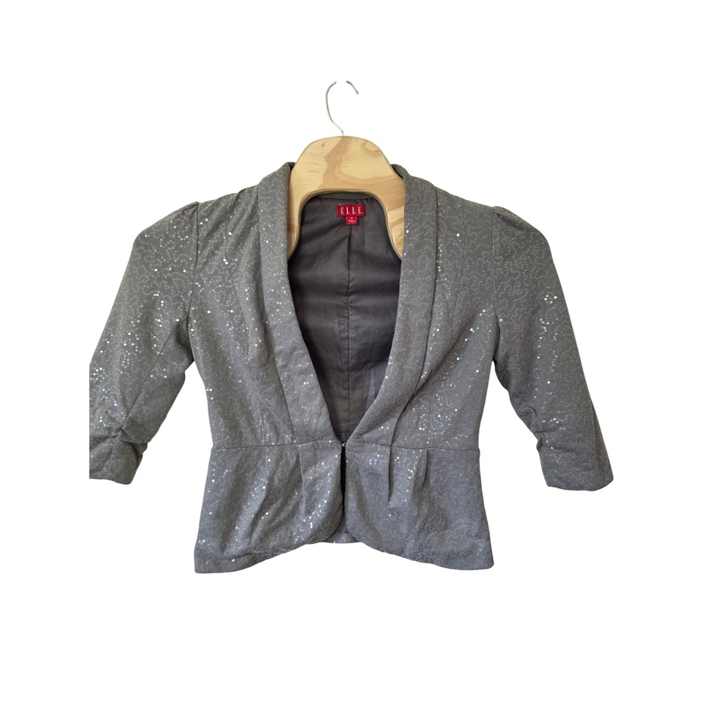 Elle Sequin Blazer Women 8 Gray Peplum 3/4 Ruched Sleeve Glam Shimmer Jacket